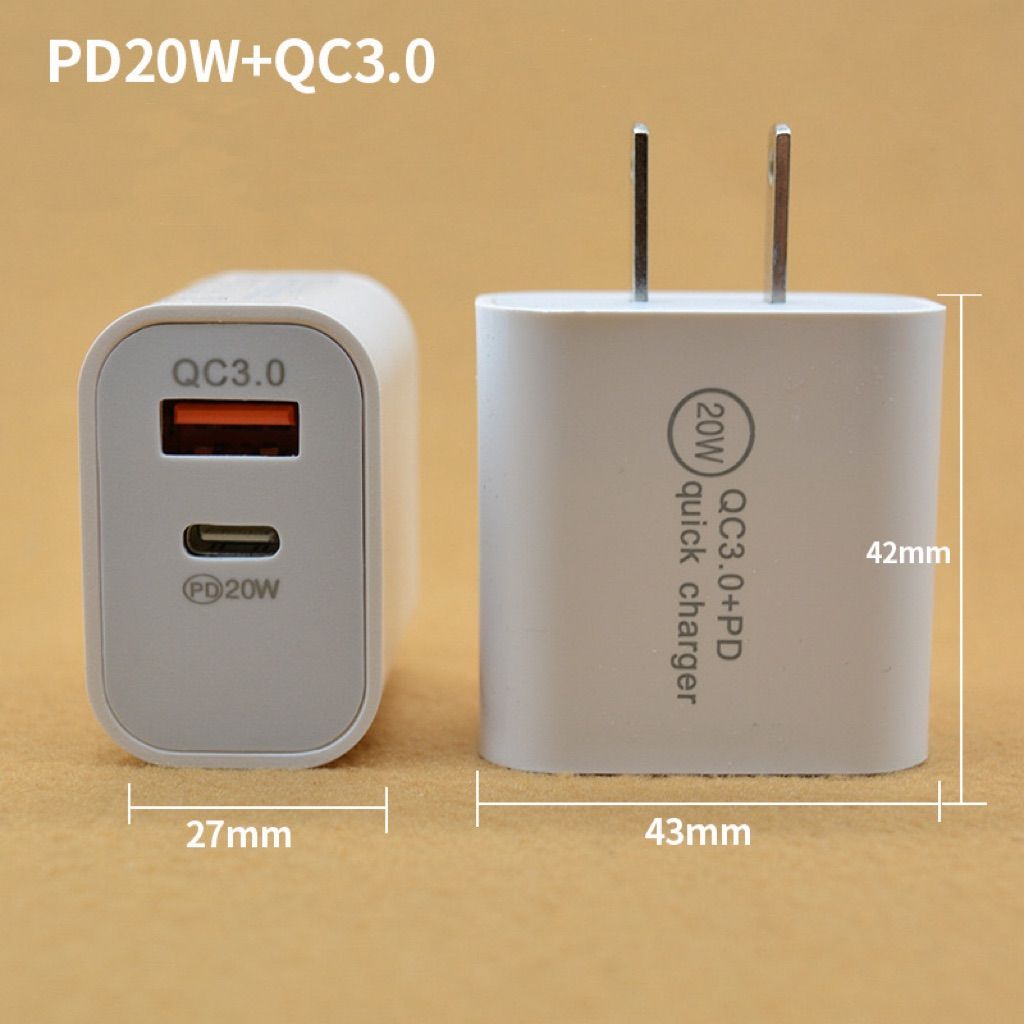 高速充電器 USB+Type-C ACダブル充電アダプター (USB-A&USB-C 2ポート/20W PD3.0) iPhone 電源アダプター タイプC スマホ充電器 アンドロイド充電アダプター ACチャージャー 多機種対応