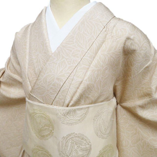 紬地 小紋 着物 中古 正絹 袷 カジュアル 植物模様 葉っぱ 薄香