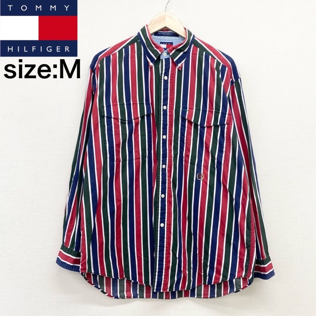 US古着 トミーヒルフィガー TOMMY HILFIGER ボタンダウンシャツ 長袖 ストライプ ロゴ 刺繍 メンズ M グリーン×レッド×ネイビー