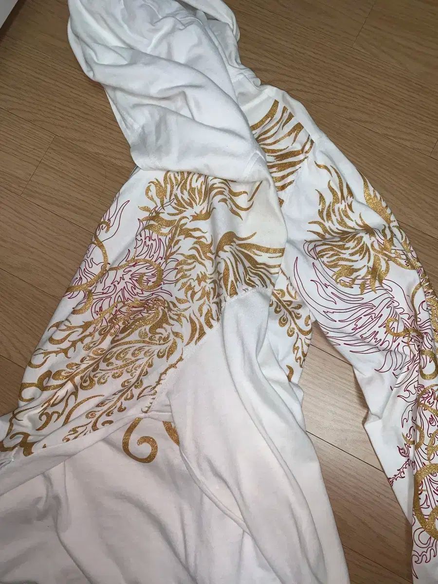 【海外限定】 白 オリエンタル 金メッキ プリンティング ジップアップパーカー フード付き y2k ヴィンテージ 寛容な