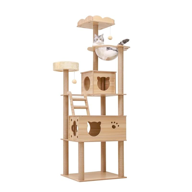 PETTIFUL キャットタワー 木製 大型 据え置き おしゃれ 大型猫 スリム 多頭飼い 見晴台付き 遊び場 成猫 高さ185cm 安定性 猫タワー 中型 爪研ぎ キャットタワー キャットツリー 宇宙船 木登り クリアボウル 隠れ家 爪とぎ 運動不足解消 1