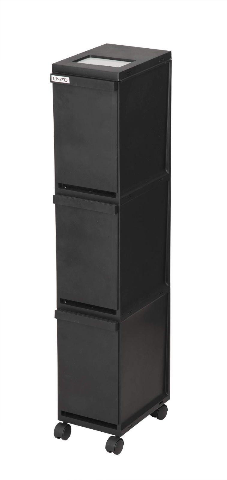 新輝合成 Shinki Gosei トンボ ユニード ゴミ箱 3段 分別 蓋を開けずにごみを捨てられる プッシュタイプ キャスター付 スリム 30リットル ブラック 幅20.5×奥行29.5×高さ105.5cm 蓋付き 日本製