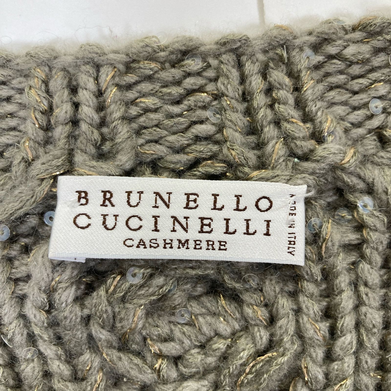 BRUNELLO CUCINELLI ブルネロクチネリ グリーン カシミヤ×ウール ビーズスパンコール装飾 ケーブルニットプルオーバー L