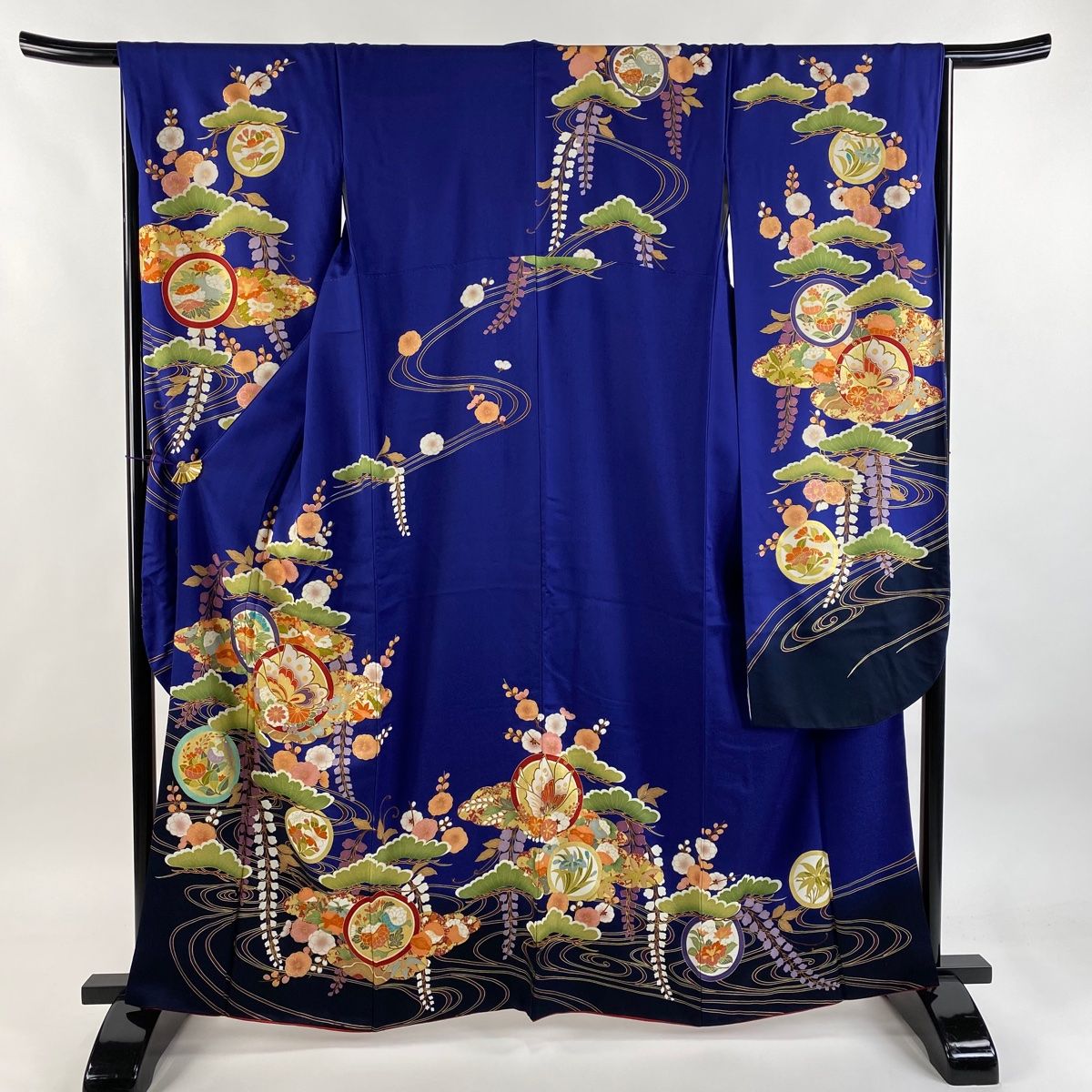 振袖 身丈162.5cm 裄丈66cm M 袷 草花 波 刺繍 紫 正絹 秀品