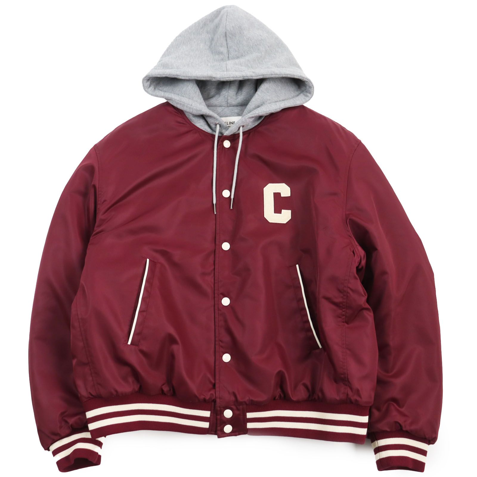 極美品CELINE セリーヌ 23AW 2W15A227R テディジャケット 中綿・ロゴ入り フード付き  オーバーサイズ ブルゾン ボルドー グレー 52 イタリア製 正規品 メンズ 定価374，000円