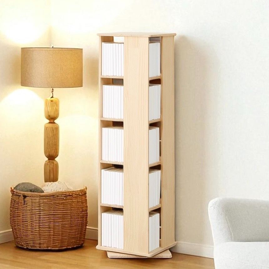 Y 無塗装パイン材 360度回転式 ブックラック 本棚 スリム 大容量 省スペース ブックシェルフ アウトレット