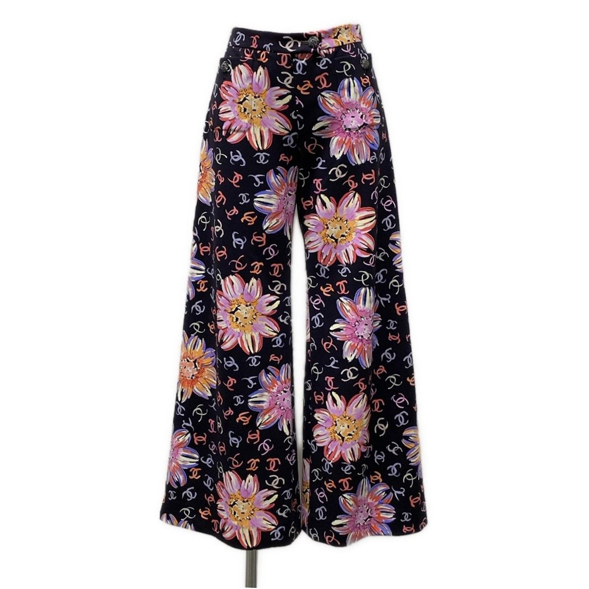 CHANEL シャネル パンツ シルク シャルムーズ マルチカラー パンツ - プリント シルク サテン & レース、ピンク、ブラック