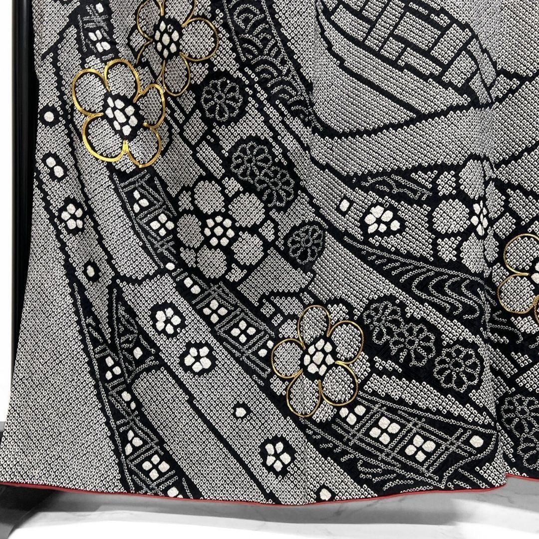 振袖　襦袢セット　金駒刺繍　鞠　花　銀通し　ブラック系　着物　043w d 振袖 襦袢セット 金駒刺繍 鞠 花 銀通し ブラック系 着物 043w d