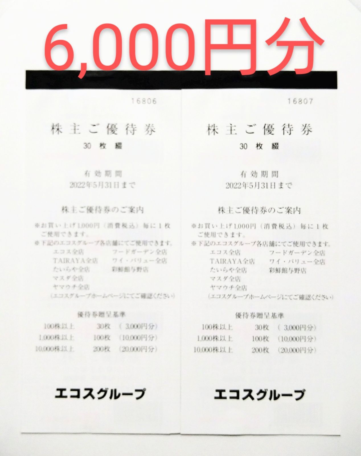 エコス 株主優待券 6000円分 - 割引券