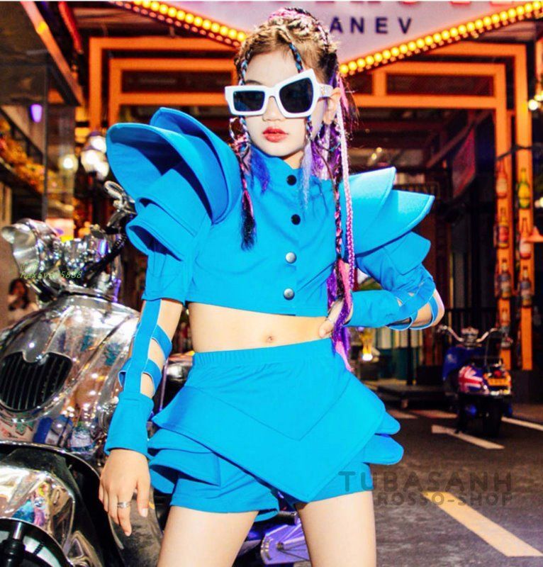 ダンス衣装 キッズ ヒップホップ ブルー セットアップ ガールズ 応援団 韓国 ステージ衣装 練習着 チアガール チア ジャズダンス hax5v325888