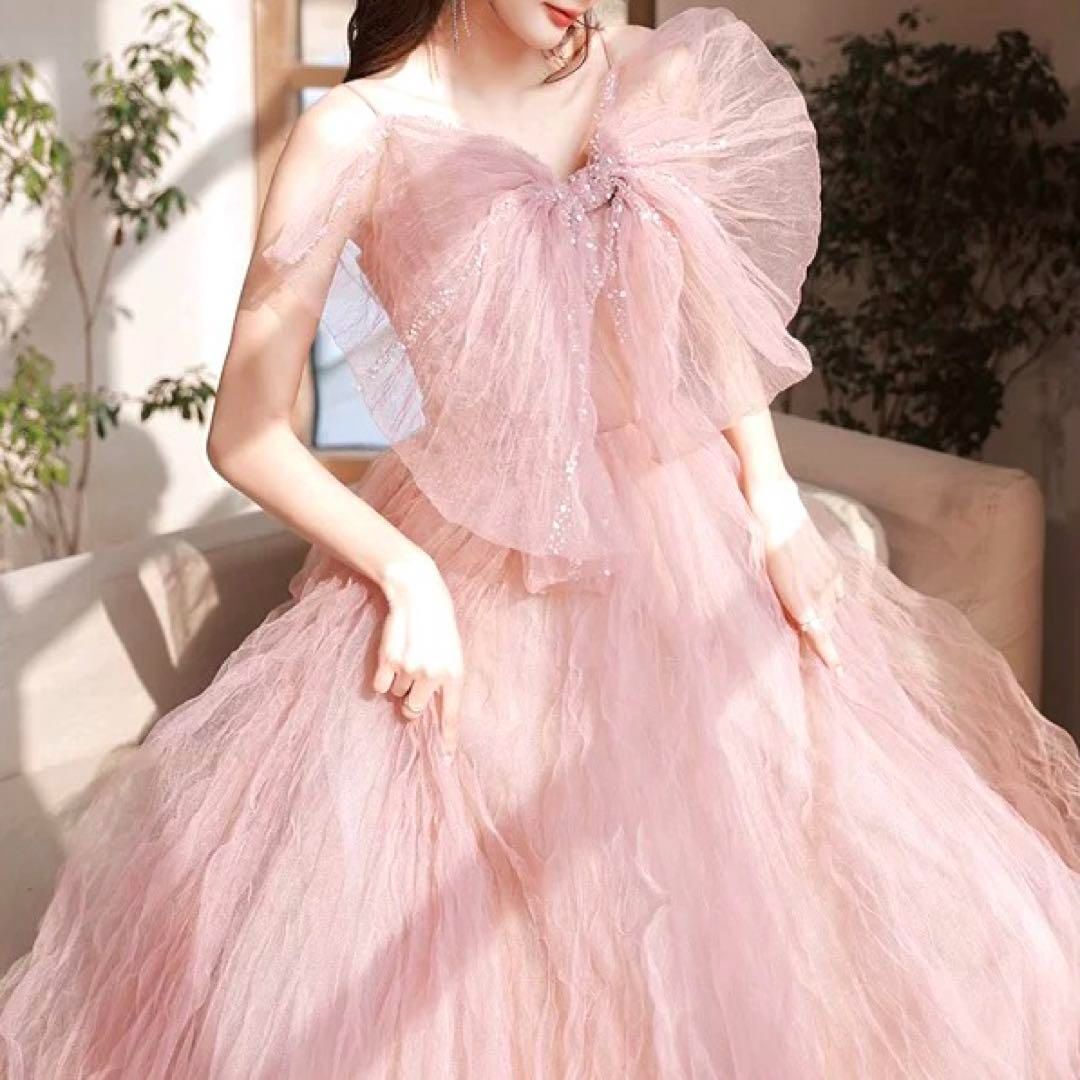 クシャッと 大きなリボンのロングイブニングドレス?.?