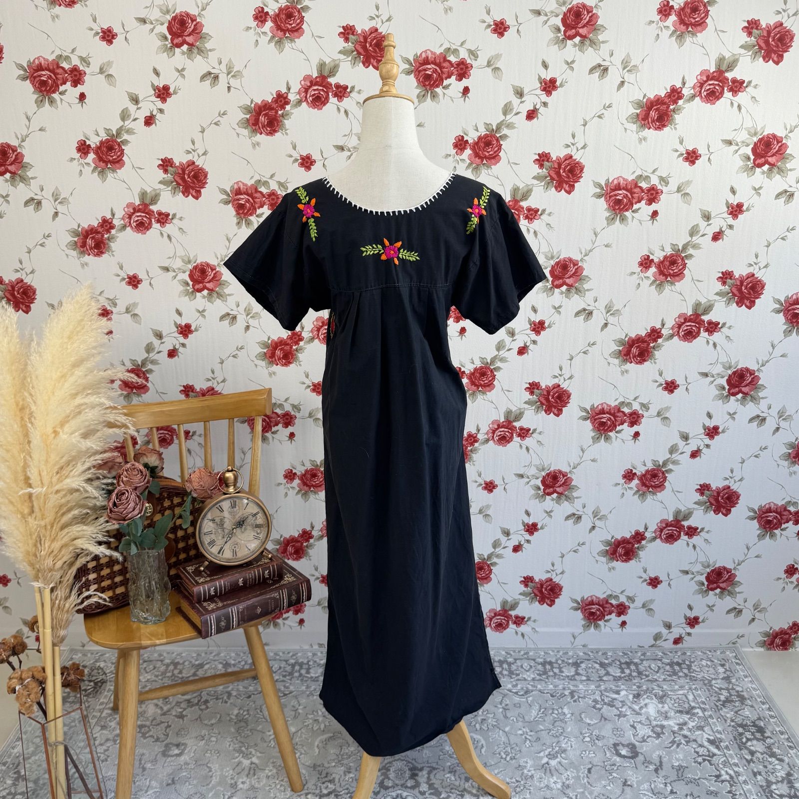 メキシコ刺繍 ワンピース 花柄 鳥刺繍 赤 半袖 民族 花柄 エスニック M相当 ロングワンピース メキシコ刺繍花柄 メキシカン メキシコ 刺繍