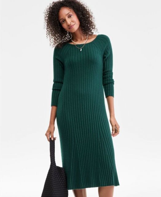 送料無料 チャータークラブ レディース ワンピース トップス Women s Cashmere Ribbed Midi Sweater Dress PXS-XXL Deep Pine