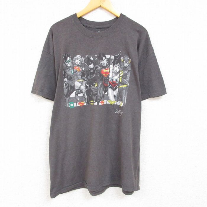 XL/古着 半袖 Tシャツ メンズ DCコミックス グリーンランタン スーパーガール 大きいサイズ コットン クルーネック 濃グレー 霜降り 23