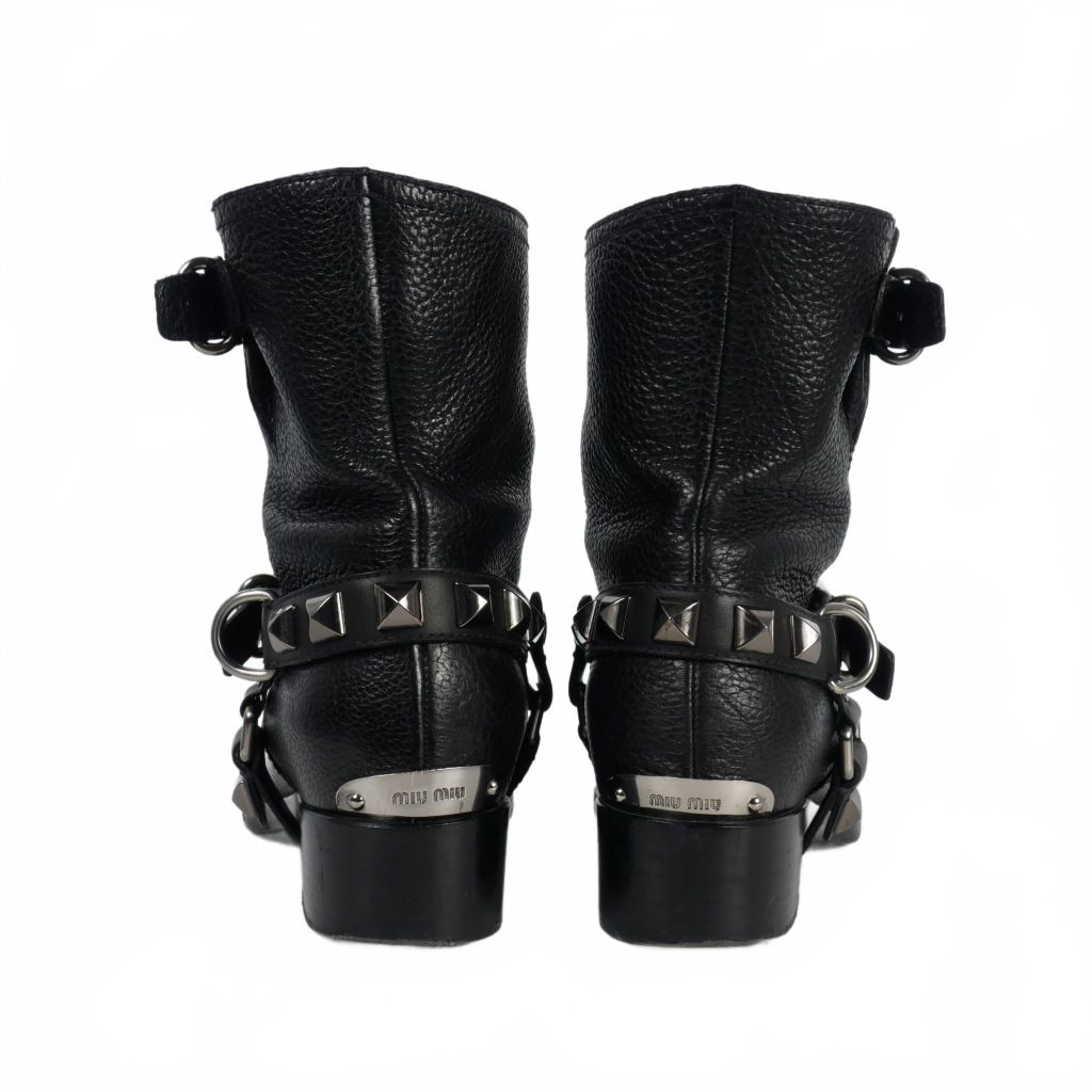ミュウミュウ miumiu ハーネス スタッズ レザー バイカーブーツ  