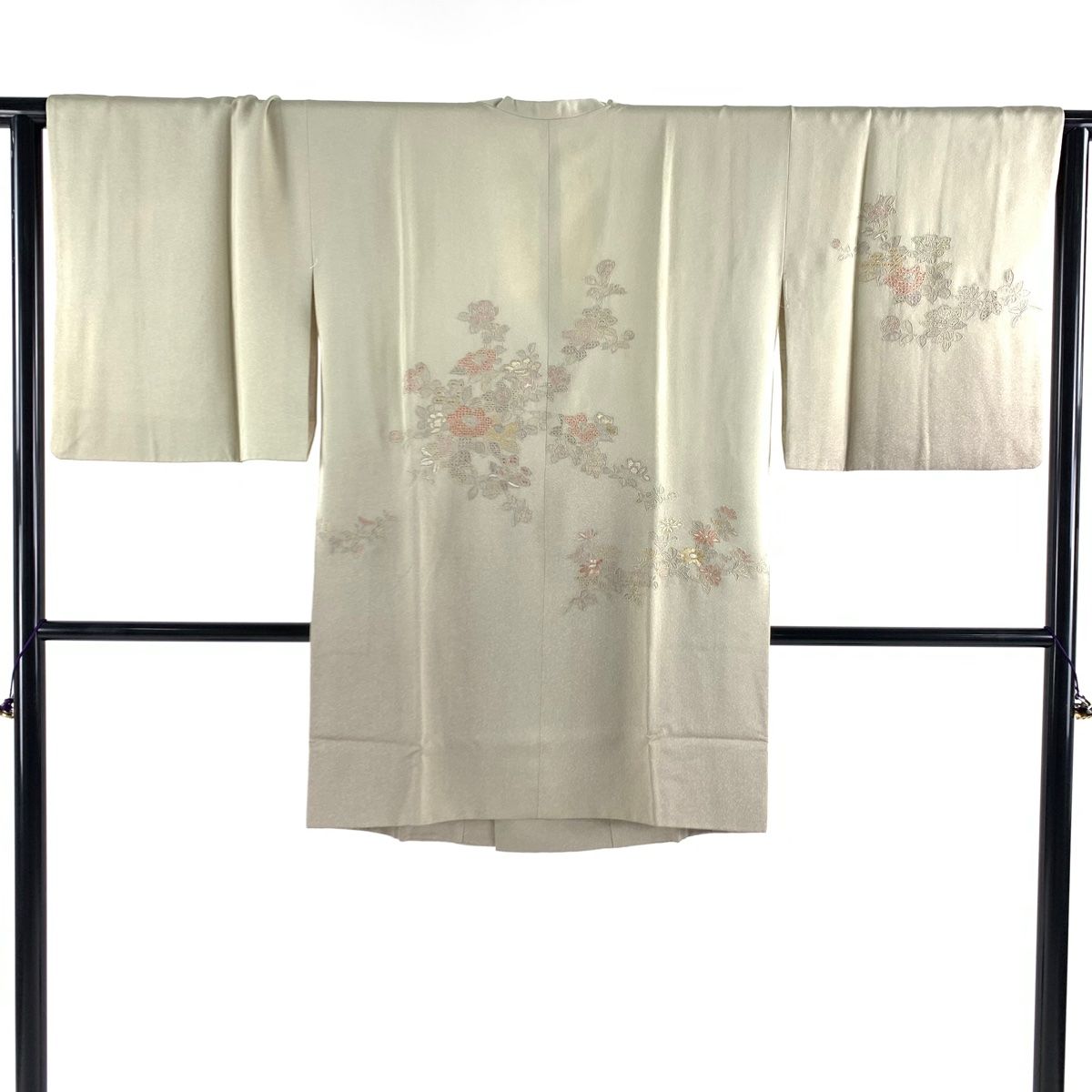 道行 身丈89cm 裄丈64cm M 和装コート 角衿 草花 刺繍 灰緑 正絹 秀品