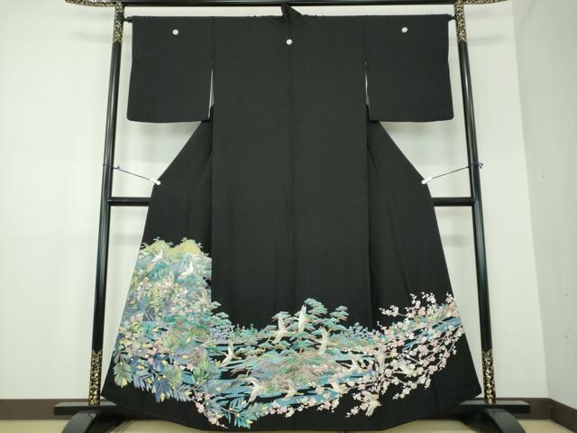平和屋着物●中国三大刺繍 スワトウ刺繍 汕頭刺繍 総刺繍 黒留袖 飛鶴吉祥花文 金糸 正絹 DAAX4697ps