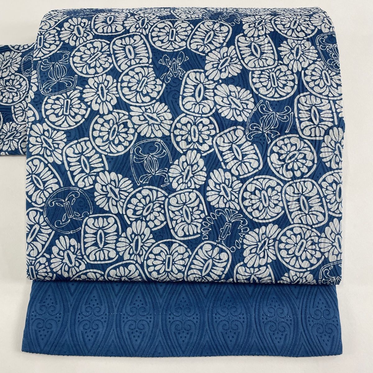 名古屋帯 名品 落款 阿波藍型染 花 立涌 藍色 正絹