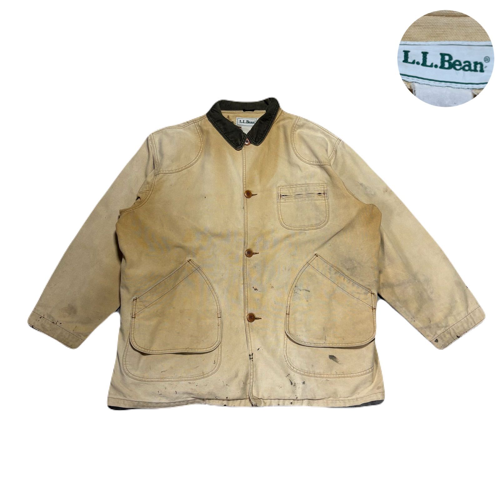 LLBean エルエルビーン HuntingJacket ハンティングジャケット Coveralls カバーオール Work ワーク DuckFabric ダック生地 80s CorduroyCollar Fade Ivory アイボリー XXLサイズ相当