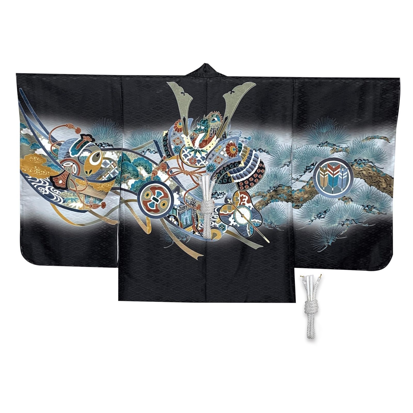 京都室町st． 七五三 羽織 5歳 男の子 羽織紐付き 753 羽織り 単品 着物用 お正月 節句などに 合繊 黒 兜に軍配 御所車 NGTho03-B