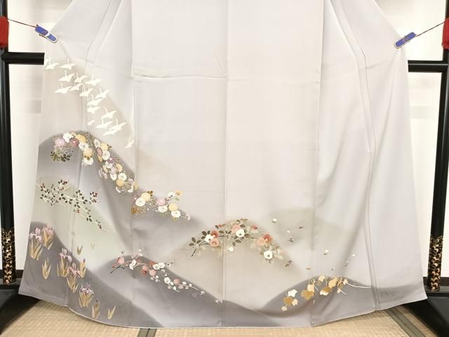 平和屋着物○訪問着 友禅 遠山飛鶴花文 暈し染め 金彩 正絹 逸品