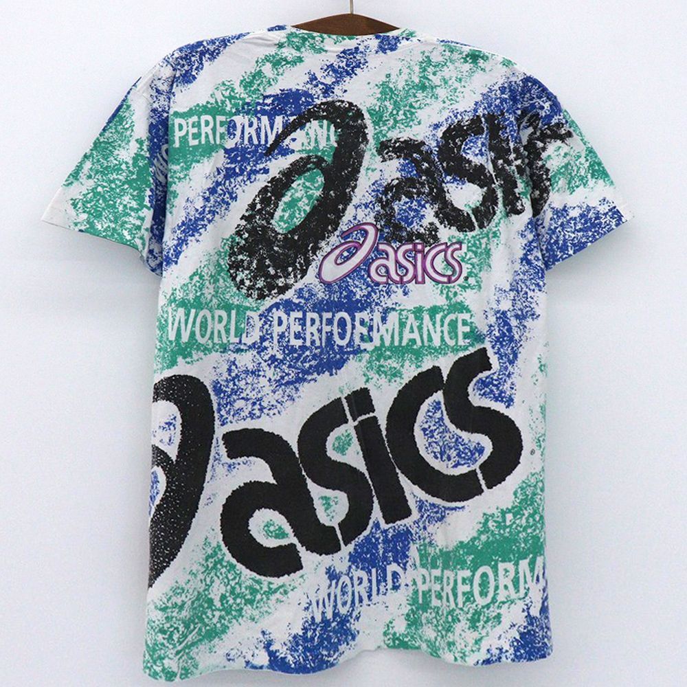 アシックス asics Tシャツ 総柄 プリント ロゴ 半袖 サイズ：L