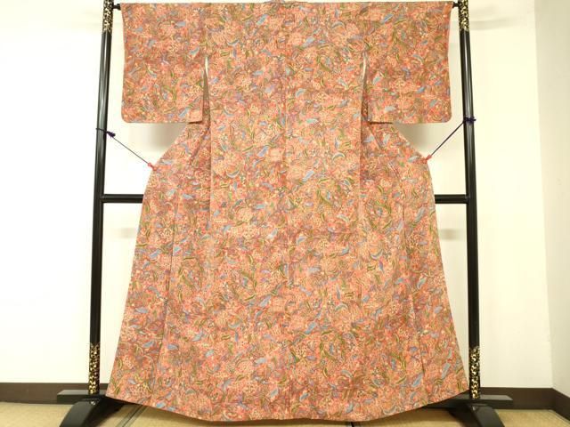 【美品】単衣の小紋　更紗花文　鬼しぼ縮緬　正絹　バチ衿　六通袋帯　葡萄蔓文様 美品】単衣の小紋 更紗花文 鬼しぼ縮緬 正絹 バチ衿 六通袋帯