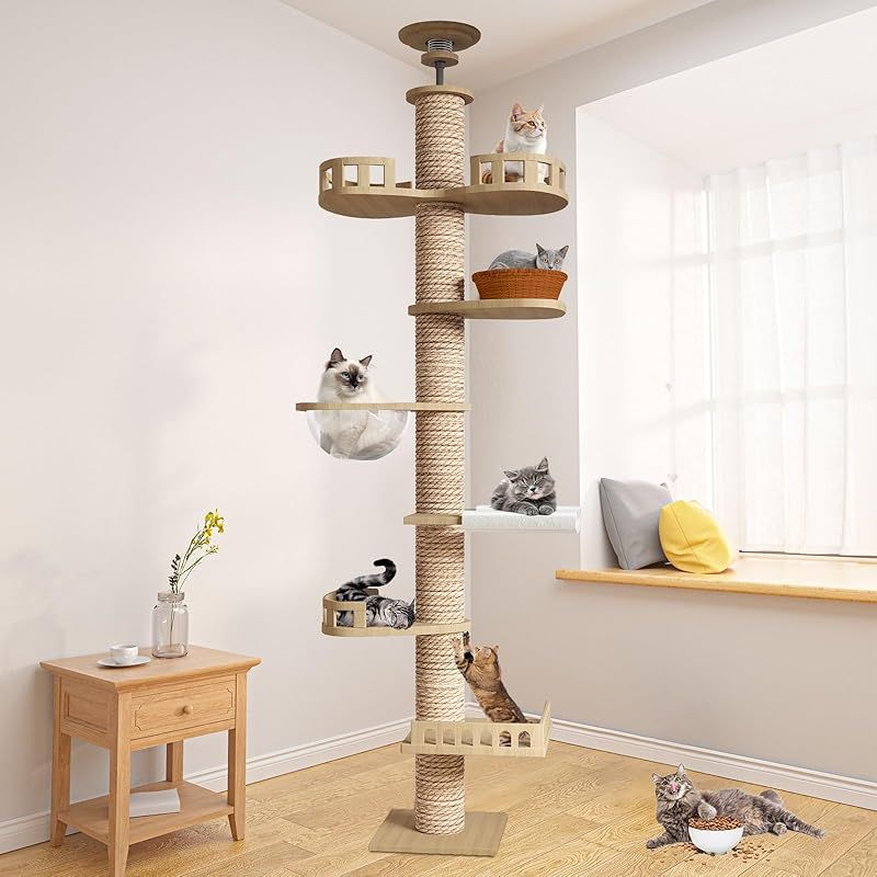 CozyMeow キャットタワー 突っ張り 木登りタワー 木製 キャットツリー スリム 宇宙船 ハンモック 多層無垢材 太い支柱 大型猫用 多頭飼い 猫タワー 爪とぎ つめとぎ 猫 人気 おしゃれ かわいい ねこ キャットウォーク 安定性良い 高さ調整幅2 0