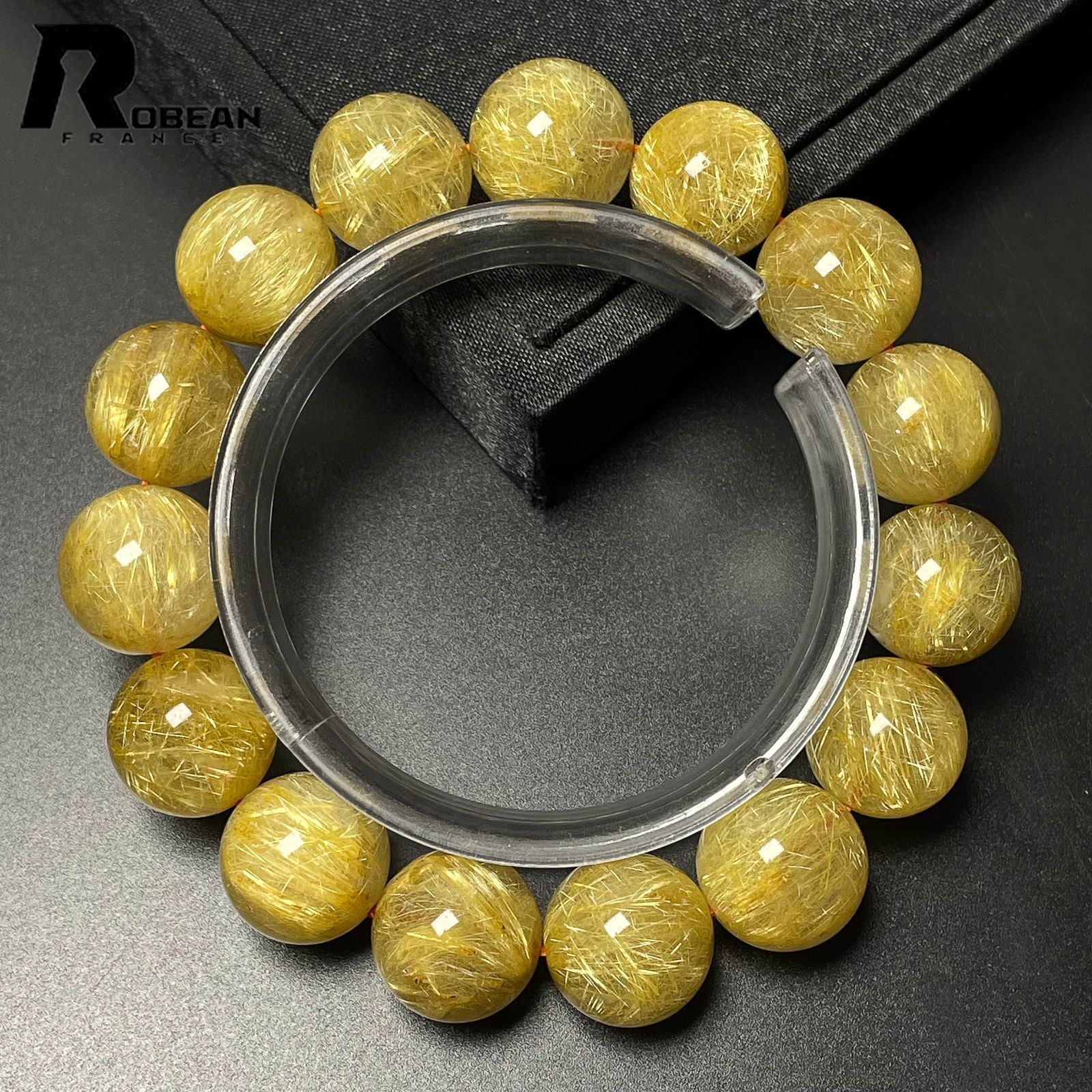 在庫切れ 高級 EU製 定価35万円ROBEAN・タイチンルチル黄金針水晶 ゴールド ブレスレット 九星開運 天然石 金運 お守り プレゼント ギフト 14.9-15.8mm M1205627