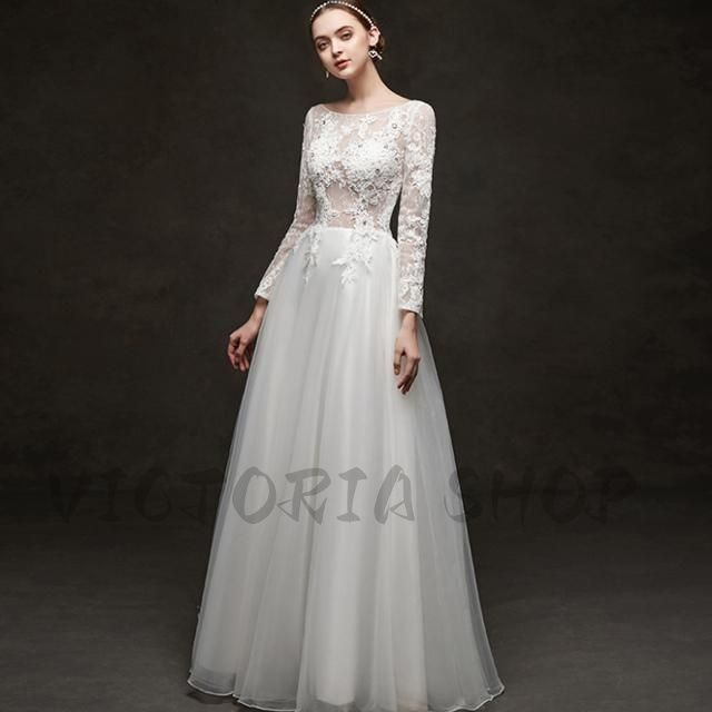 ウエディングドレス Aライン 長袖 レース 透かし彫り 背開き ロングドレス 花嫁 結婚式ドレス シンプル 優雅 エレガント 二次会ドレス 披露宴