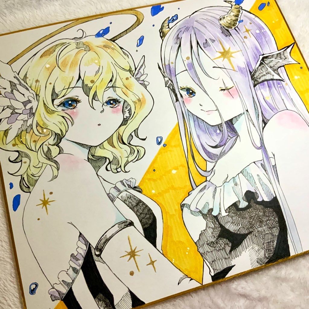 オリジナルイラスト 天使と悪魔ちゃん 色紙大 手描き 原画 女の子