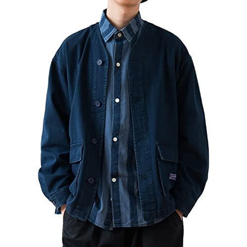 ダークブルー_M [CHANGE WELL] メンズ 春服 羽織り 定番 長袖 ビッグシルエット ダークブルー デニムカーディガン カジュアル ジャケット（ダークブルー，M)
