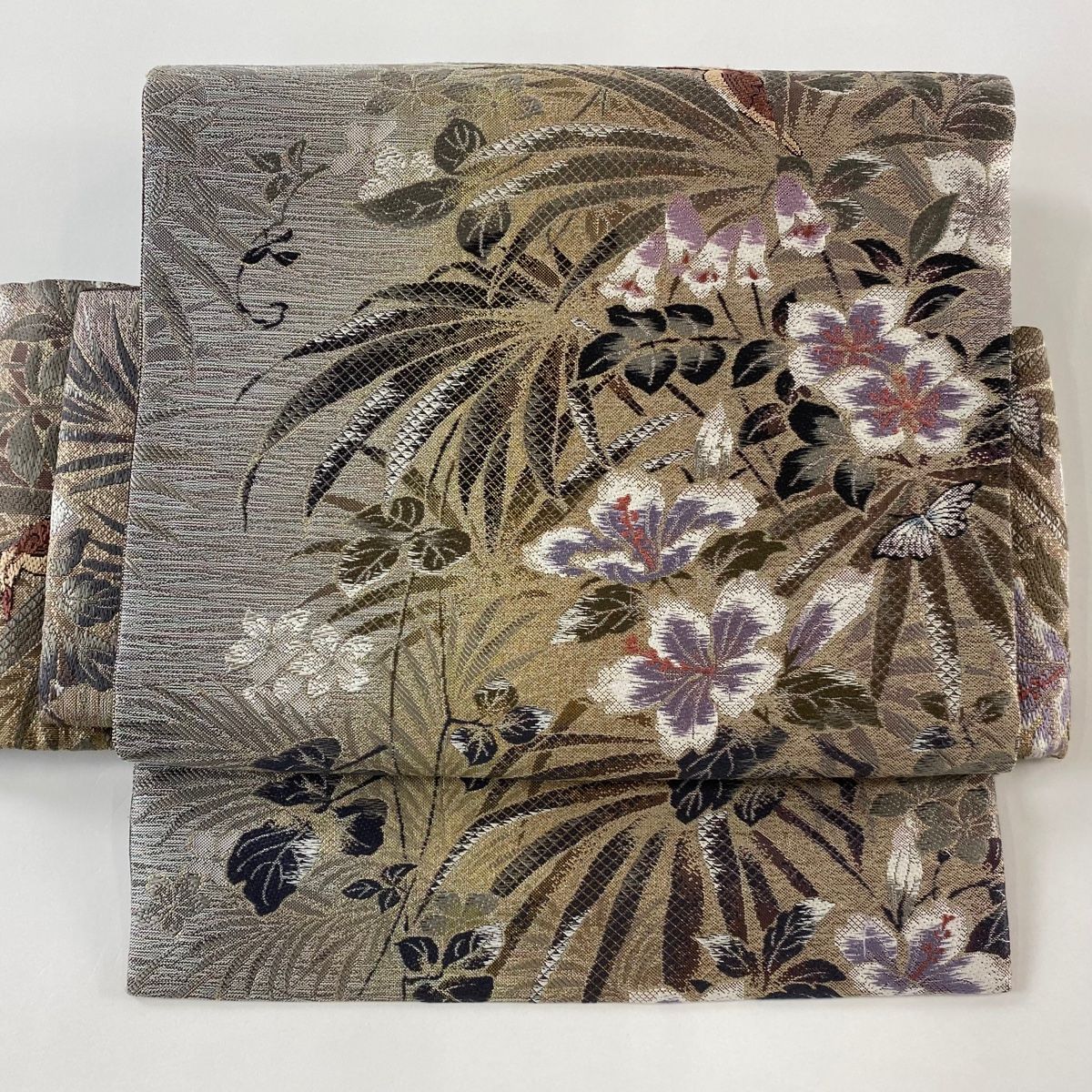 付け帯 秀品 作り帯 やまと 草花 鳥 刺繍 箔 薄茶色 正絹