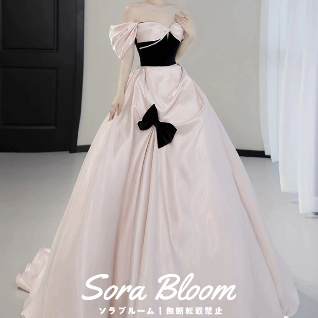 バイカラーのリボンが可愛い オフショル イブニングドレス 新品・未使用】バイカラーにリボンがオシャレなオフショル