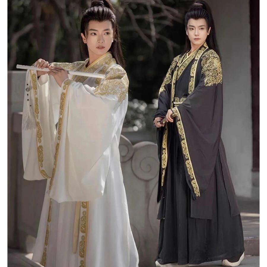 ♥ メンズ チャイナ服3点セット 中華コスプレ衣装 振袖の羽織付き 華やか 中華服 大人 華流 ハロウィン 衣装 黒 白 エスニック 金色の刺繍 縁 CS00913BJ