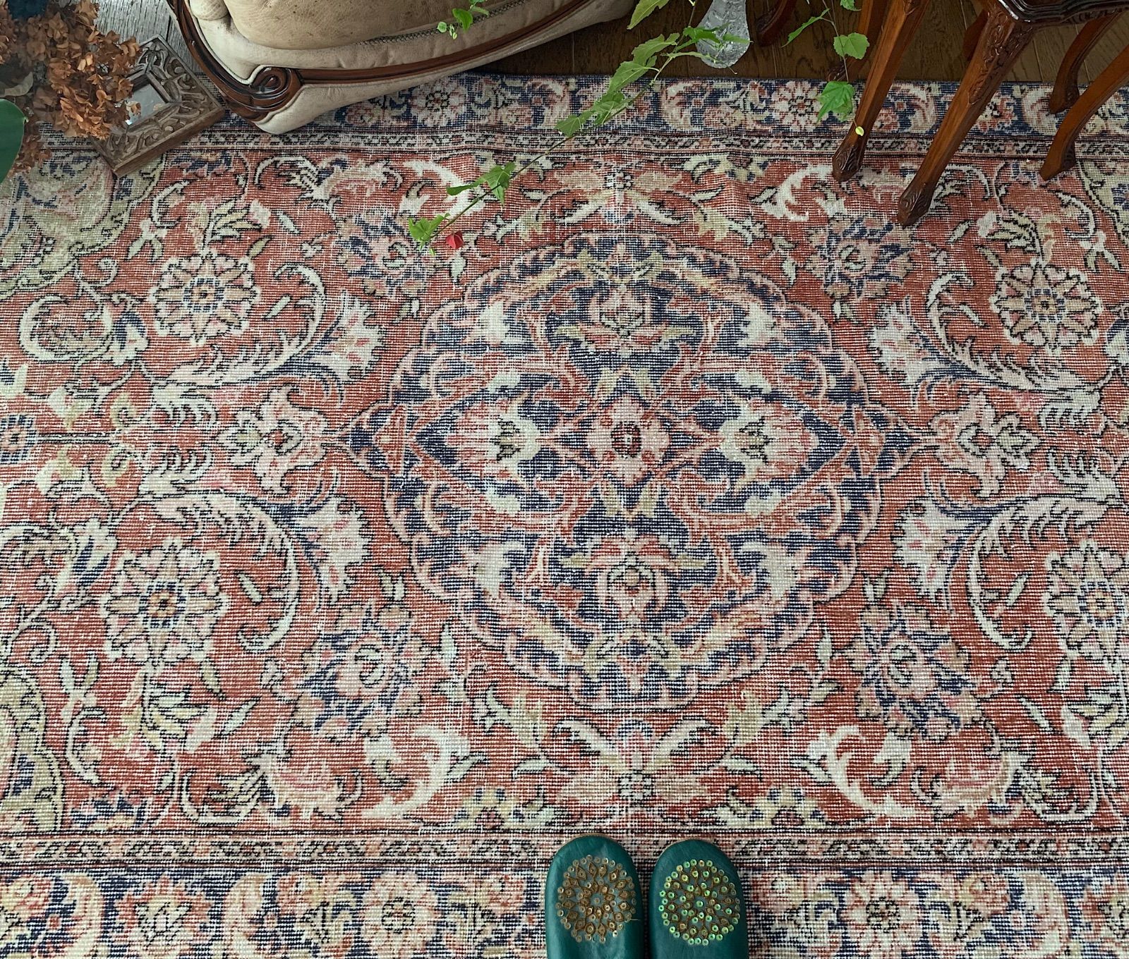 ペールオレンジ　大判222×121 シャビー　メダリオン　トルコヴィンテージラグ ペールオレンジ 222×121 シャビー メダリオン トルコヴィンテージラグ