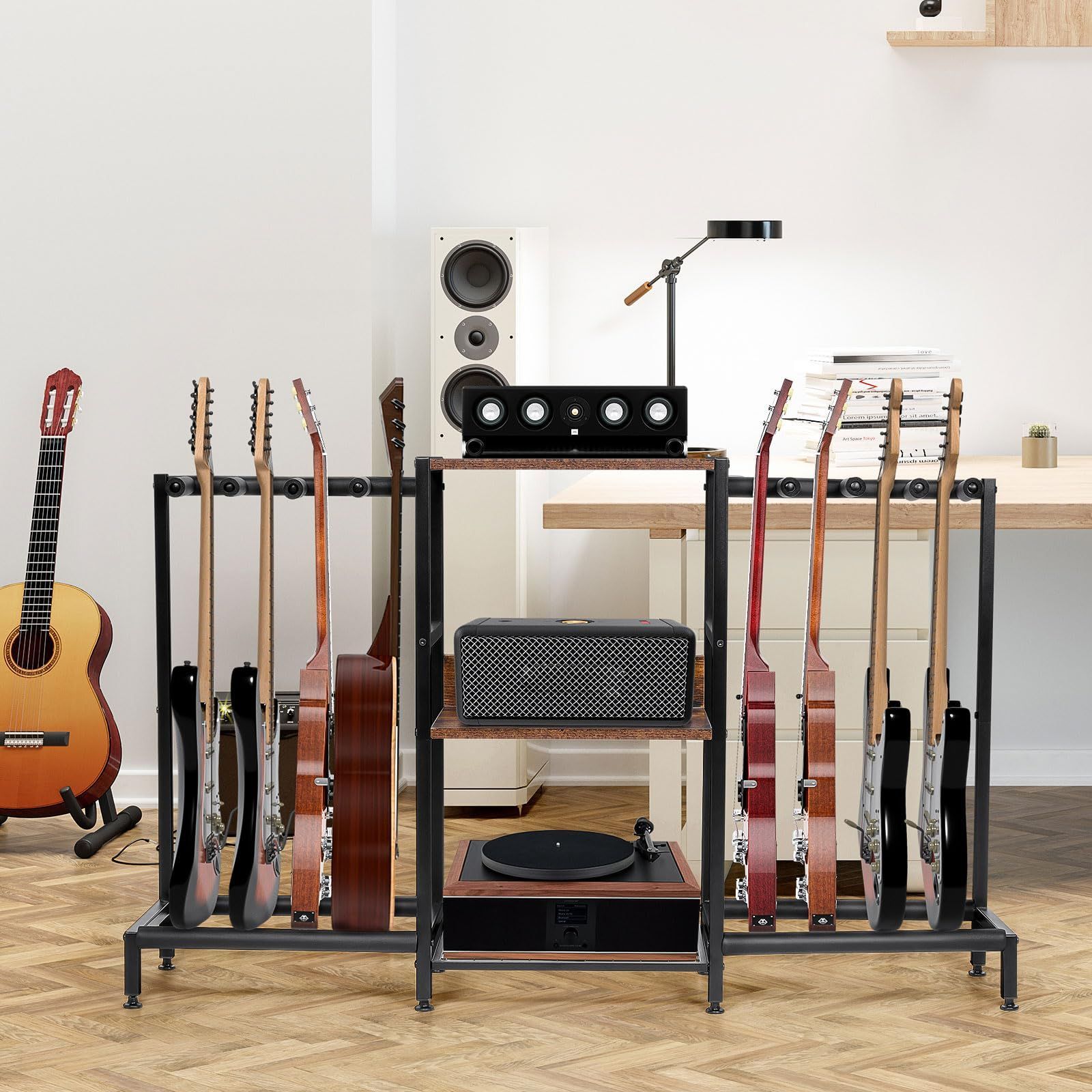 在庫セール Tcatec ギタースタンド 複数 八本収納 128*28*74cm 3段収納棚付き 転倒防止 安定 楽器スタンド 楽器に傷けない 収納しやすい ブラケットラッカー アコースティックベース エレキギター ウクレレ 音楽室 スタジオ ホーム用