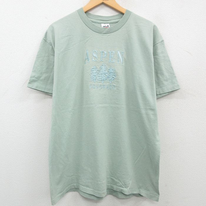 XL/古着 半袖 ビンテージ Tシャツ メンズ 00s ASPEN コロラド 木 刺繍 大きいサイズ コットン クルーネック 薄緑 グリーン 23apr27 中