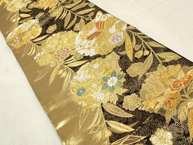 平和屋着物▽六通柄袋帯 唐織 花蝶丸文 黒地 金銀糸 正絹 逸品