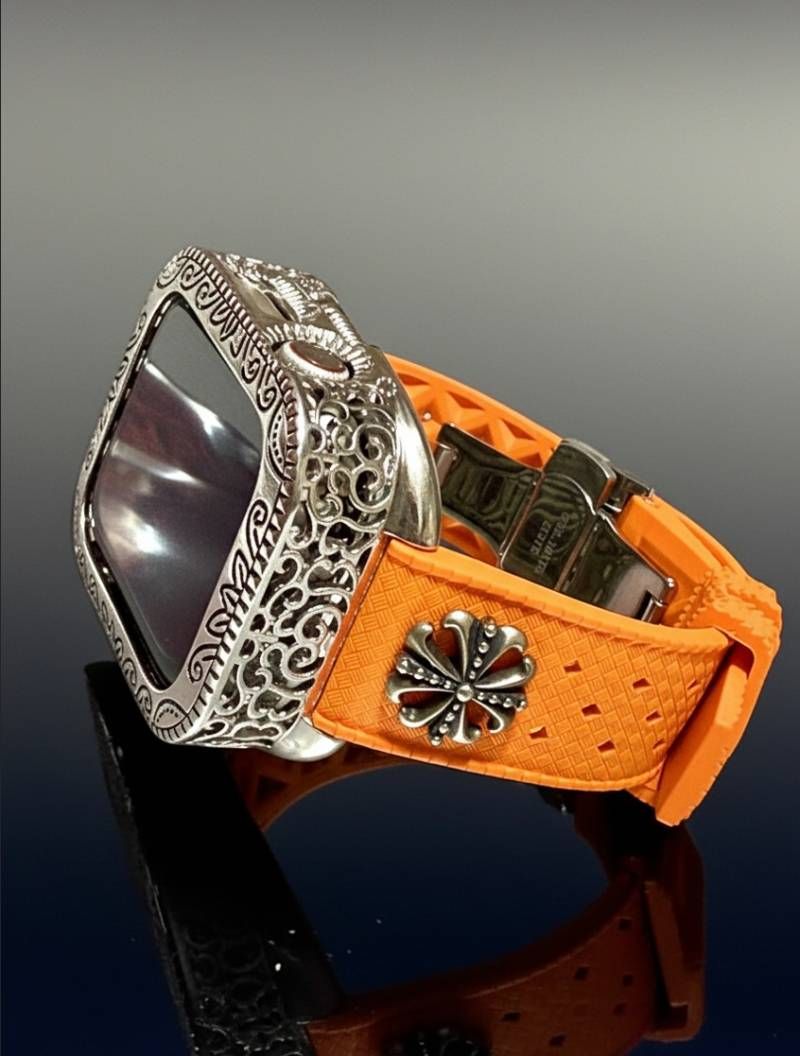 オレンジ AppleWatch用フッ素ラバー バンド コンチョ アラベスクカバー ケース アップルウォッチ用 カスタムバンド 44 45 46 49 SE Ultra