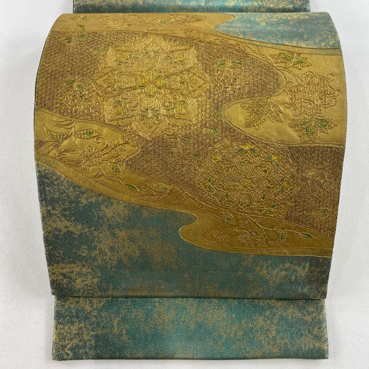 袋帯 秀品 華文 花唐草 金彩 刺繍 青緑 お太鼓柄 正絹 【中古