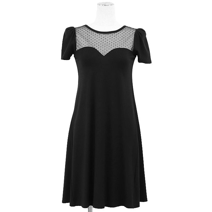 RED VALENTINO レッドヴァレンティノ ワンピース バックリボン ストレッチジャージー ドット チュール コンビネーション ショートスリーブ 半袖 カットソー ドレス レディース サイズ XS ブラック 黒 イタリア製