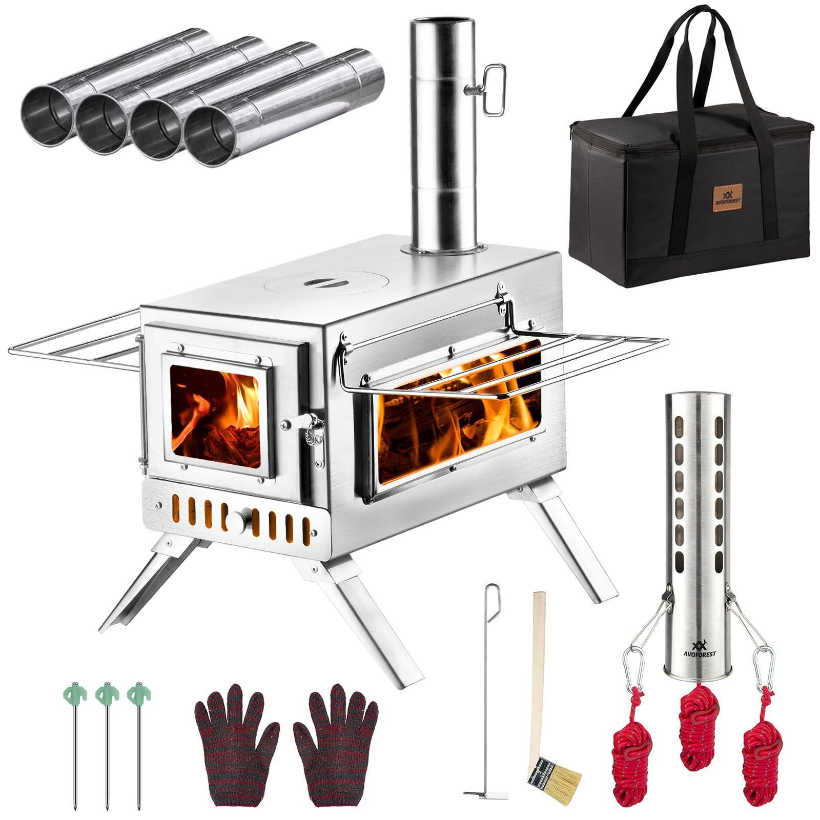 【新着商品】BBQ バーベキュー テント調理 収納袋付き 焚き火 コンパクト収納 スパークアレスター付き 暖炉 煙突 グリッド棚 2面の耐熱ガラス キャンプヒーター ステンレス製 キャンプ用ストーブ 折り畳み式 テント用 AVOFOREST 薪ストーブ