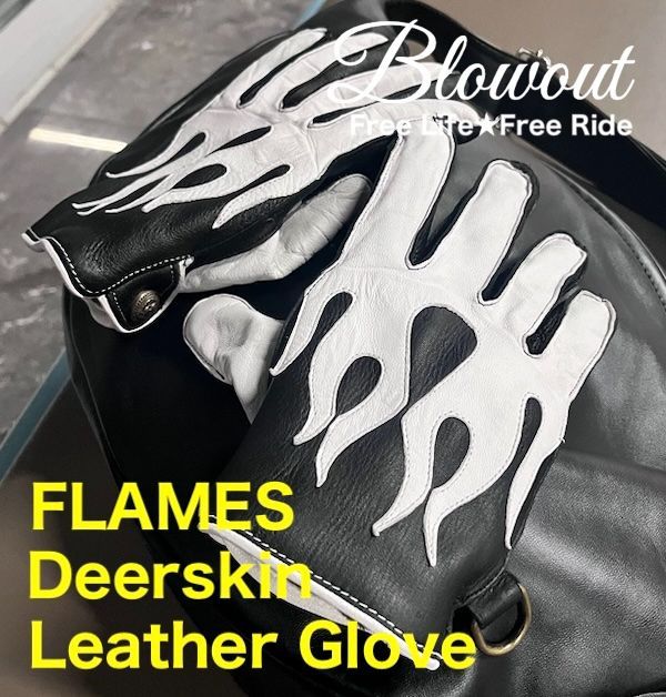 冬用 各色あり Blowout フレイムス レザーグローブ フリース 本革 皮 鹿皮 ディアスキン 手袋 ハーレー バイカー チョッパー ファイヤー ウインター 秋冬