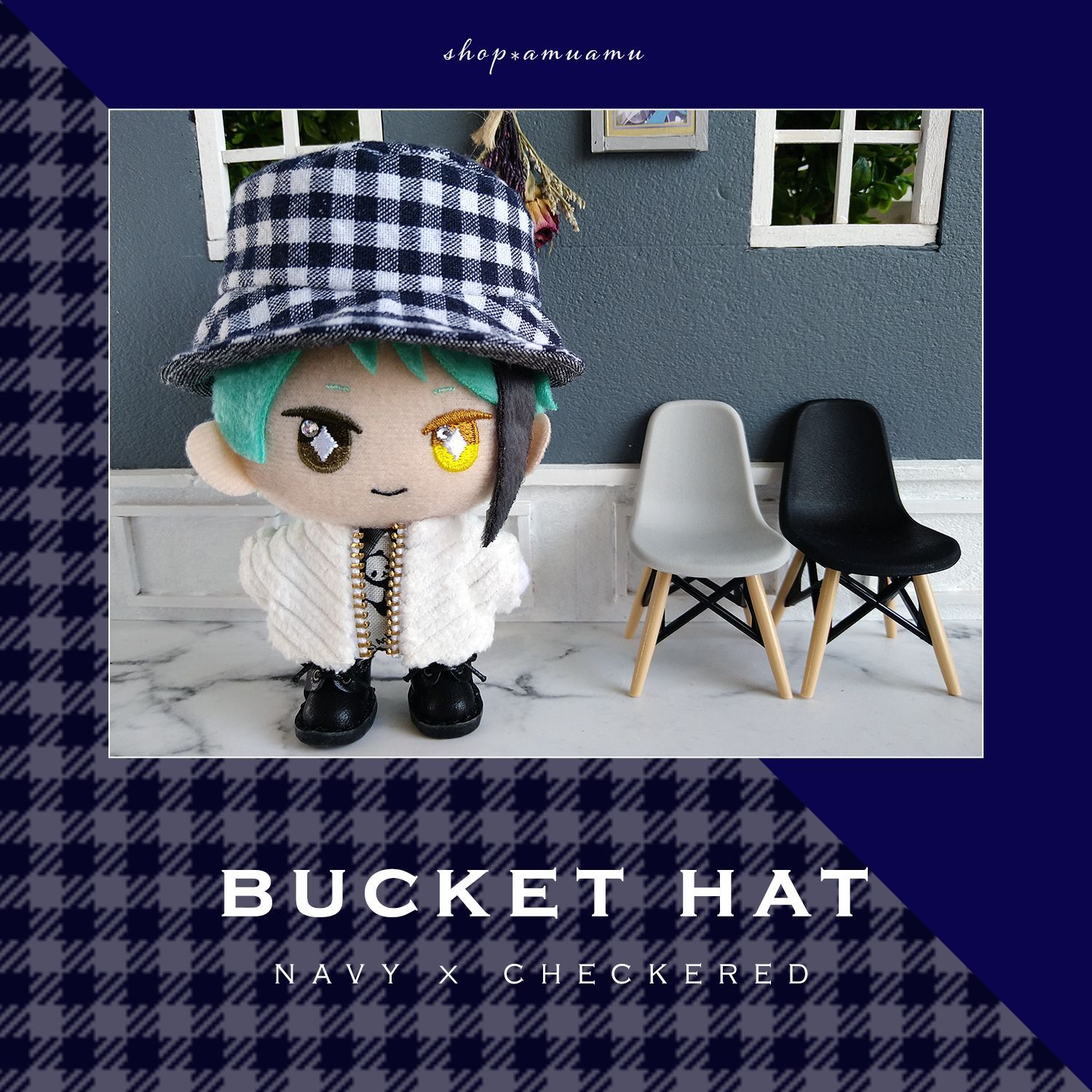 バケットハット(ネイビーチェック×デニム) 帽子 10cm用 12cm用