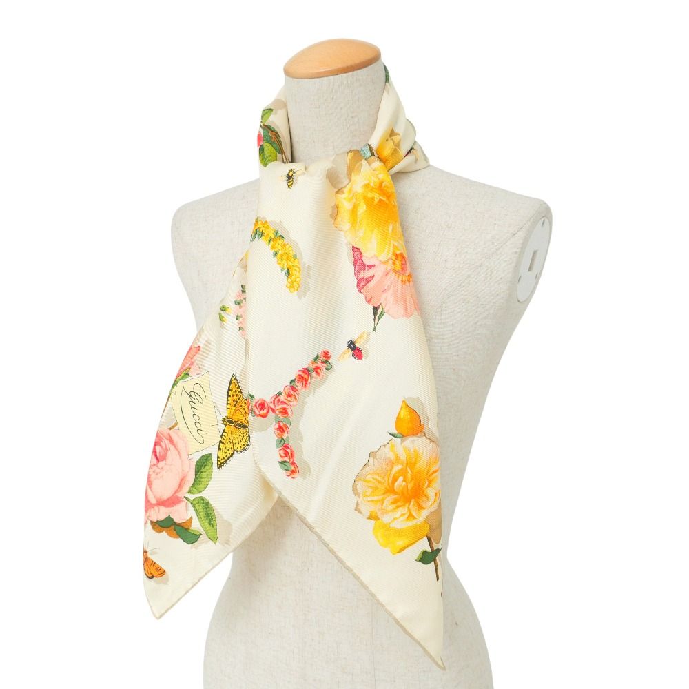 GUCCI グッチ スカーフ ストール フラワー 昆虫 □美品□GUCCI グッチ スカーフ 総シルク 花 昆虫 総柄 バンダナ