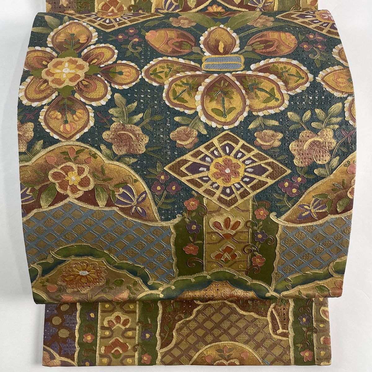 袋帯 草花 菱 刺繍 金彩 茶緑色 全通 正絹