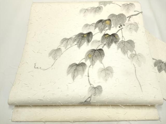 平和屋着物●九寸名古屋帯　作家物　手描き　髭紬　蔦の葉文　金彩　正絹　逸品　CAAY9608hy 平和屋着物○九寸名古屋帯 作家物 手描き 髭紬 蔦の葉文 金彩 正絹