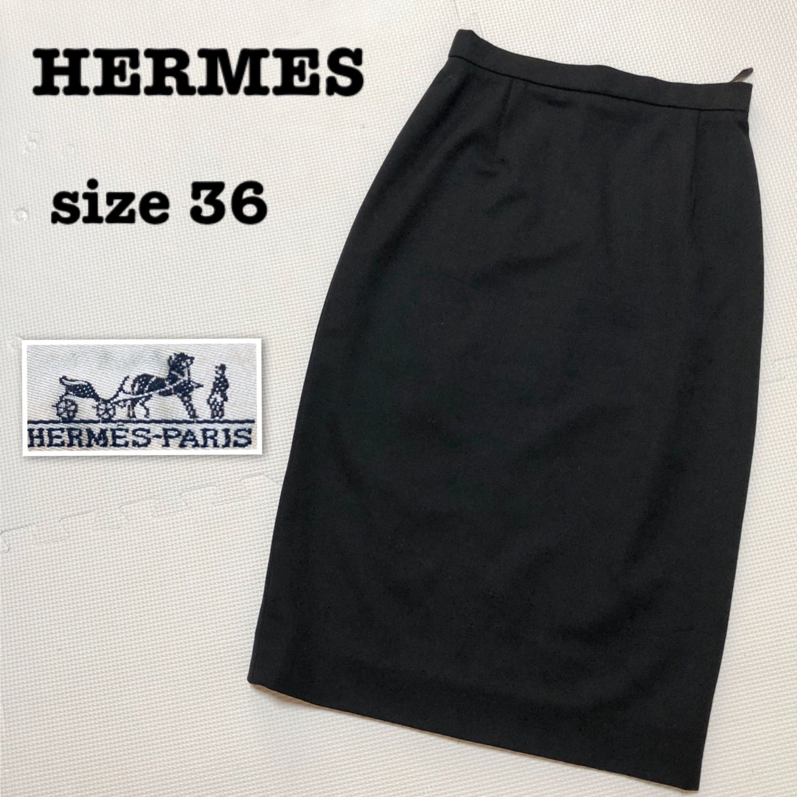 HERMES エルメス タイトスカート 膝丈ミドル ブラック ウール94