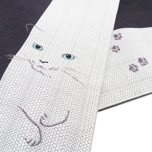 特選 袋帯 リサイクル 正絹 カジュアル 仕立て上がり お太鼓柄 猫の図 箔糸 黒紅色 灰白色 きもの北條 A1280-12